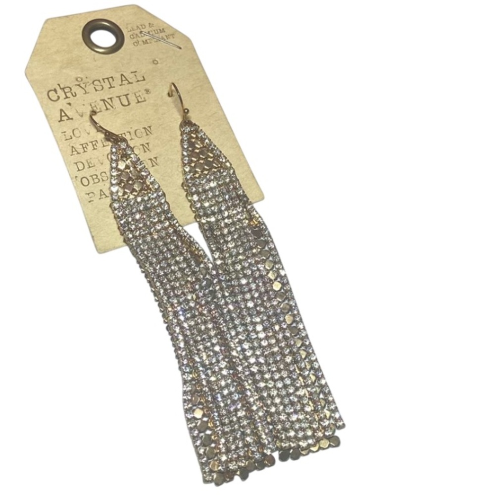 Crystal Avenue Gold tone back and Silver Rhinestone Earrings 4” dangle